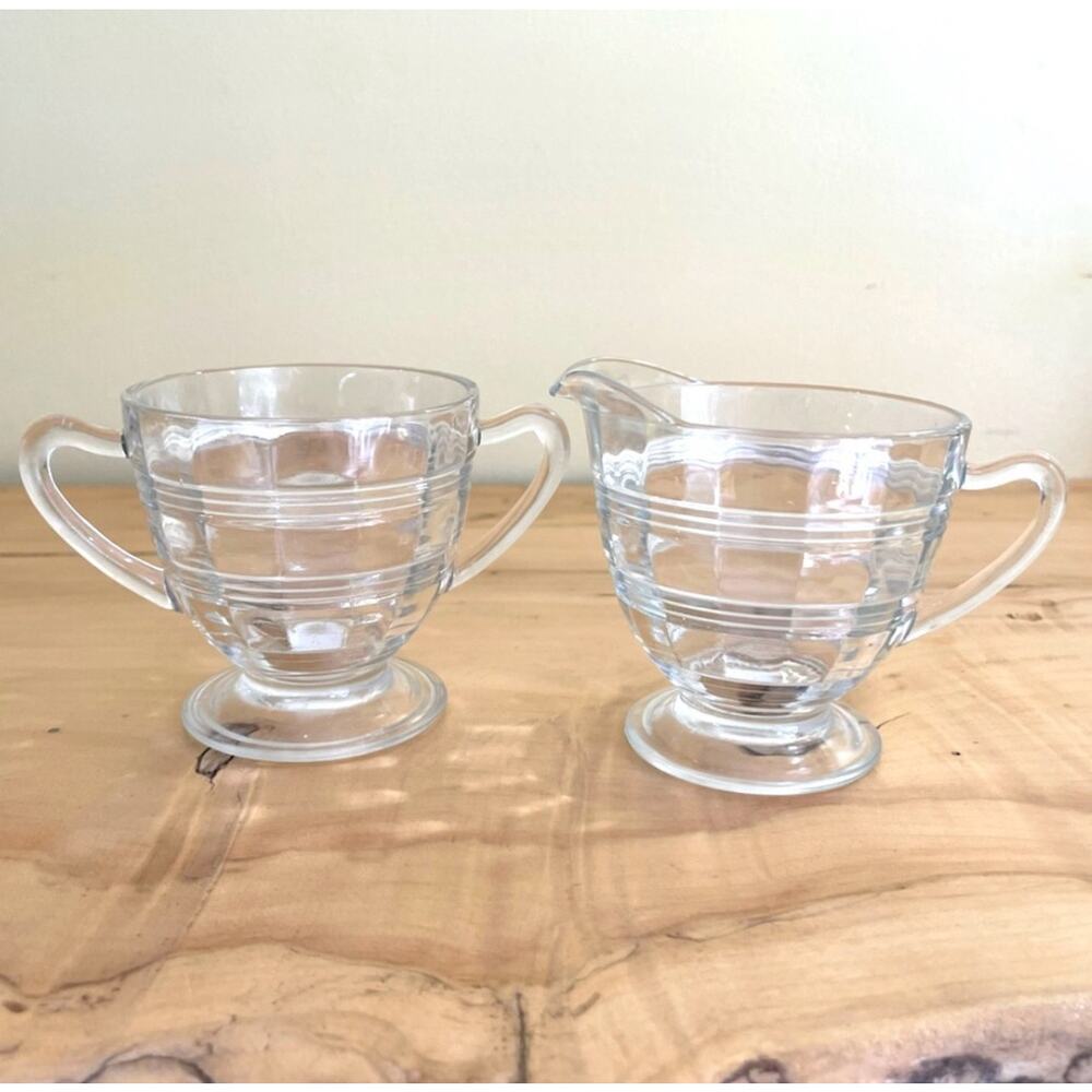 Vtg Creamer Sugar Bowl Anchor Hocking Glass Banded Rings 1927-1933
